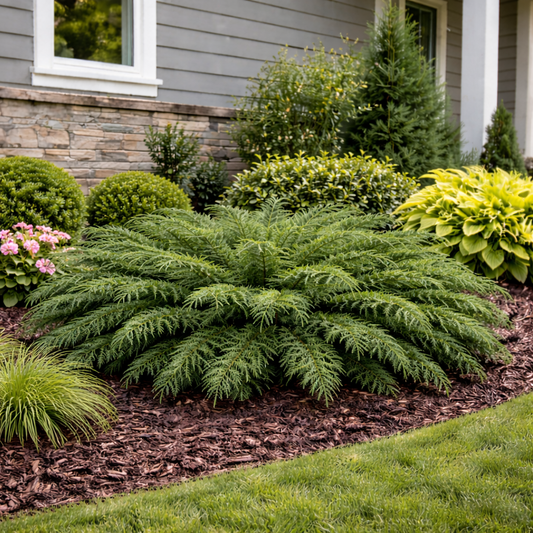 Lush green shrubs in a garden bed with a house in the background