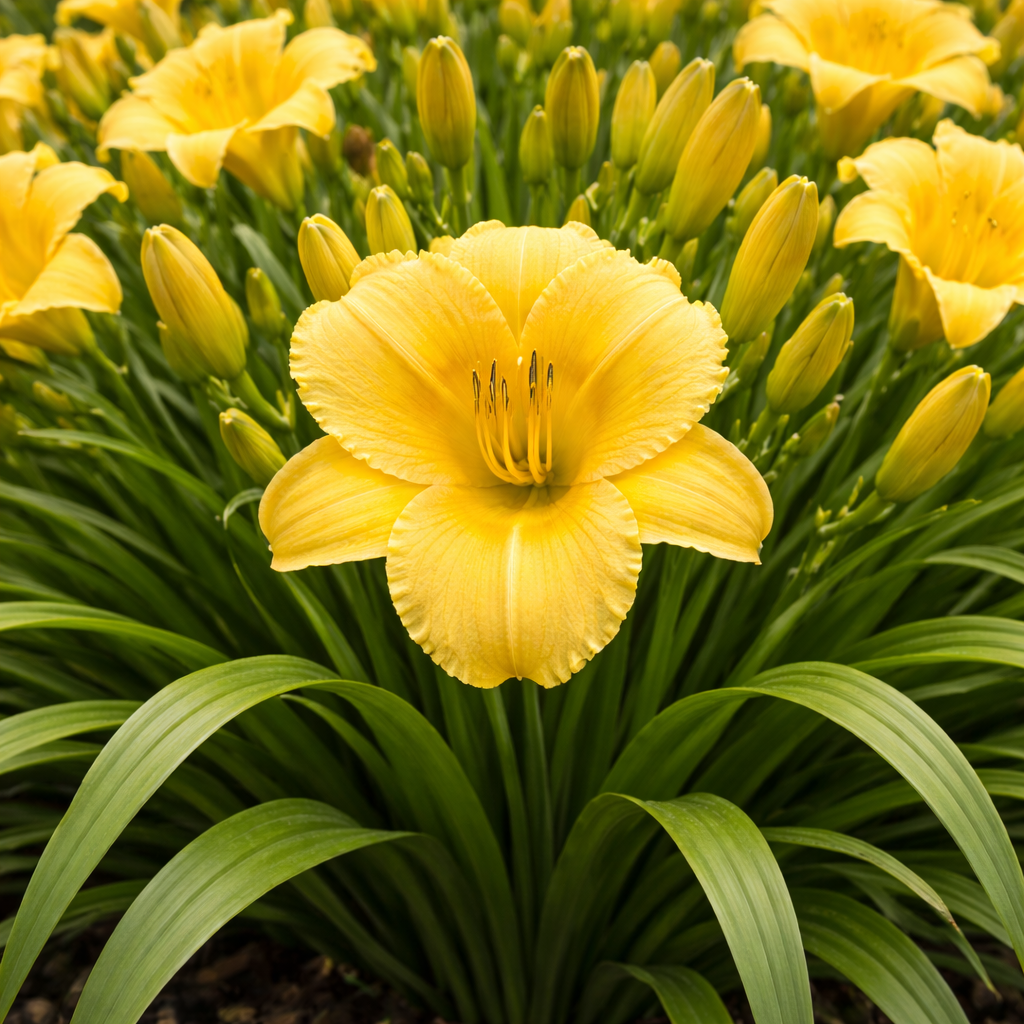Close-up of a bright yellow flower with green leaves and buds in the background.