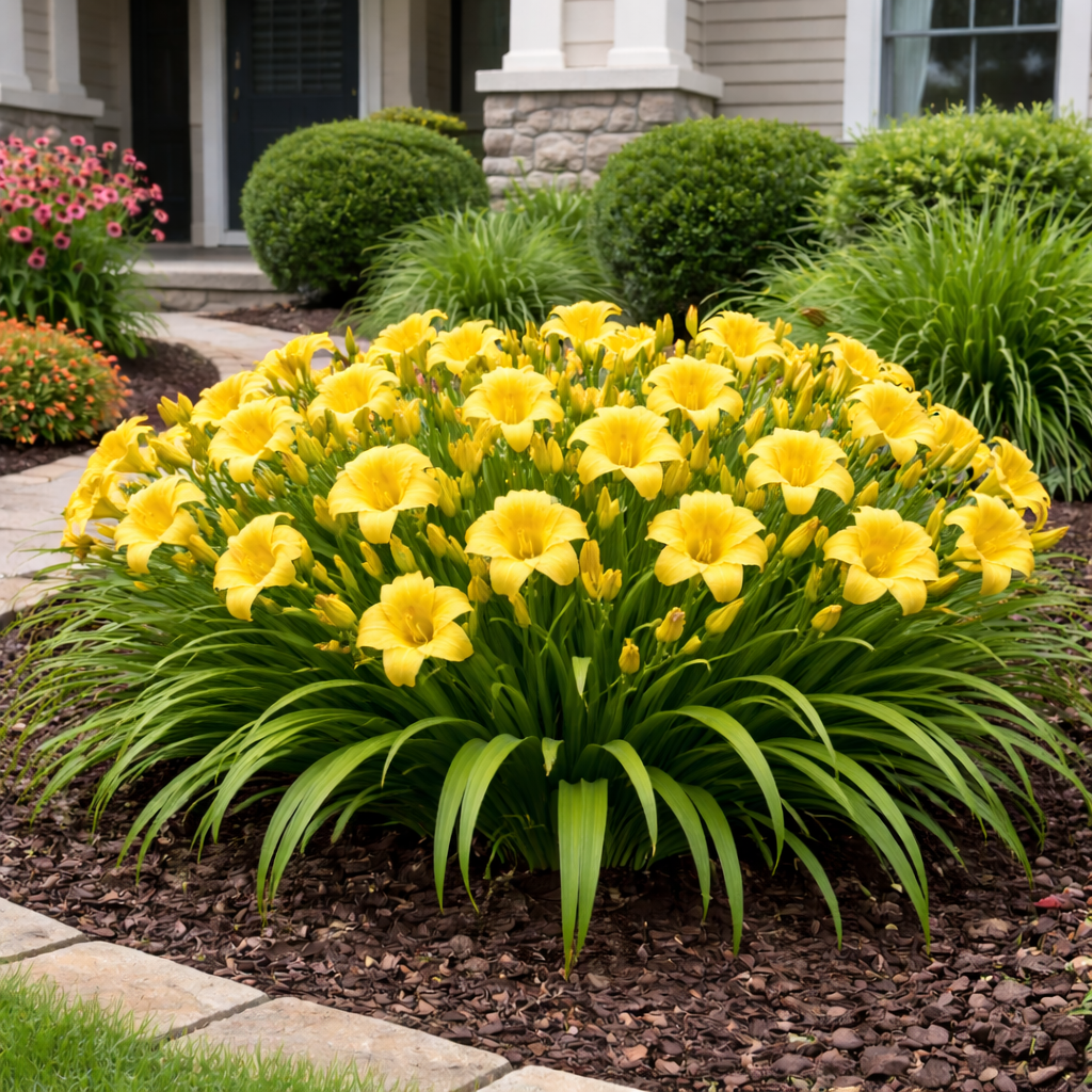 Bouquet of yellow flowers in a garden setting with a house in the background