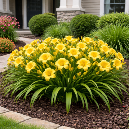 Bouquet of yellow flowers in a garden setting with a house in the background