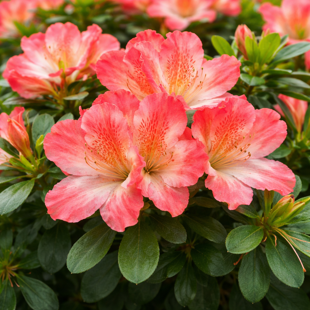 Close-up of pink azalea flowers with green leaves