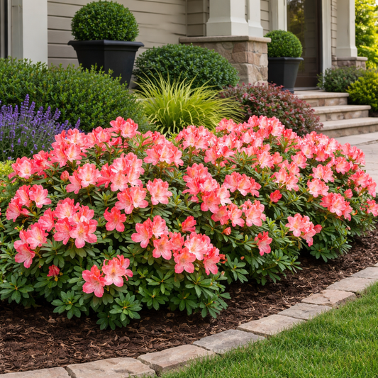 Bouquet of pink flowers in a garden setting with a house in the background