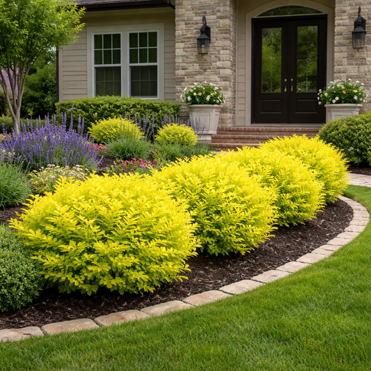 Lush green garden with yellow bushes in front of a house
