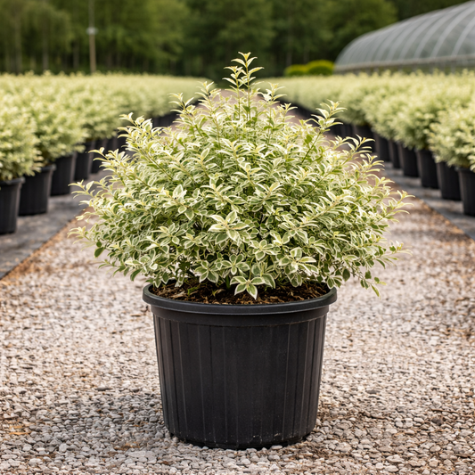 Potted plant in a greenhouse setting with other plants in the background