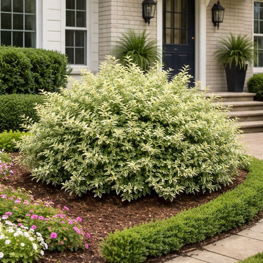 Decorative bush in a garden bed with flowers and a house in the background