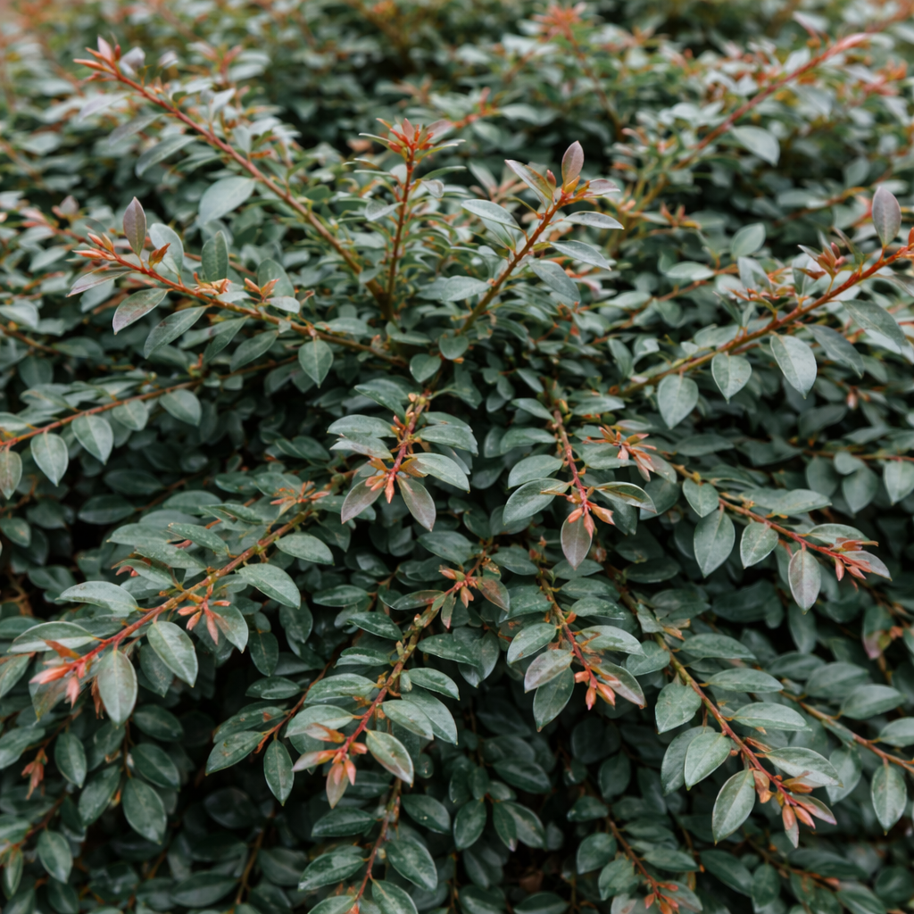 Close-up of a bush with green leaves and small red buds