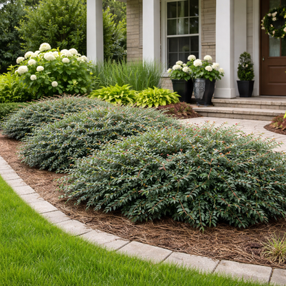 Lush green shrubs in a well-maintained garden with a house in the background