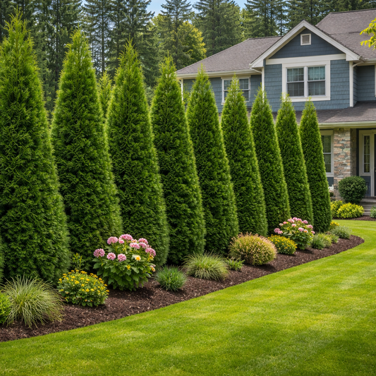 Lush green landscape with conifer trees and flowering plants in front of a house.