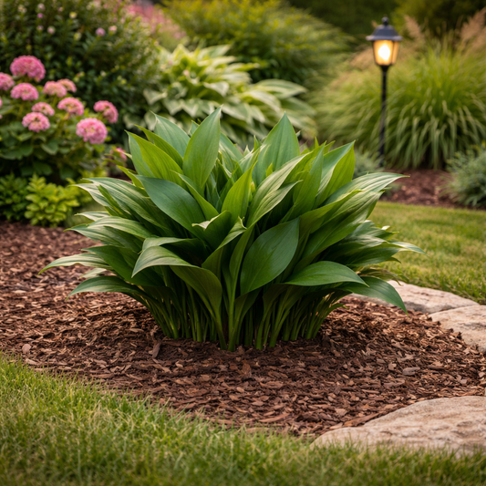 Green bush in a garden with mulch and flowers in the background