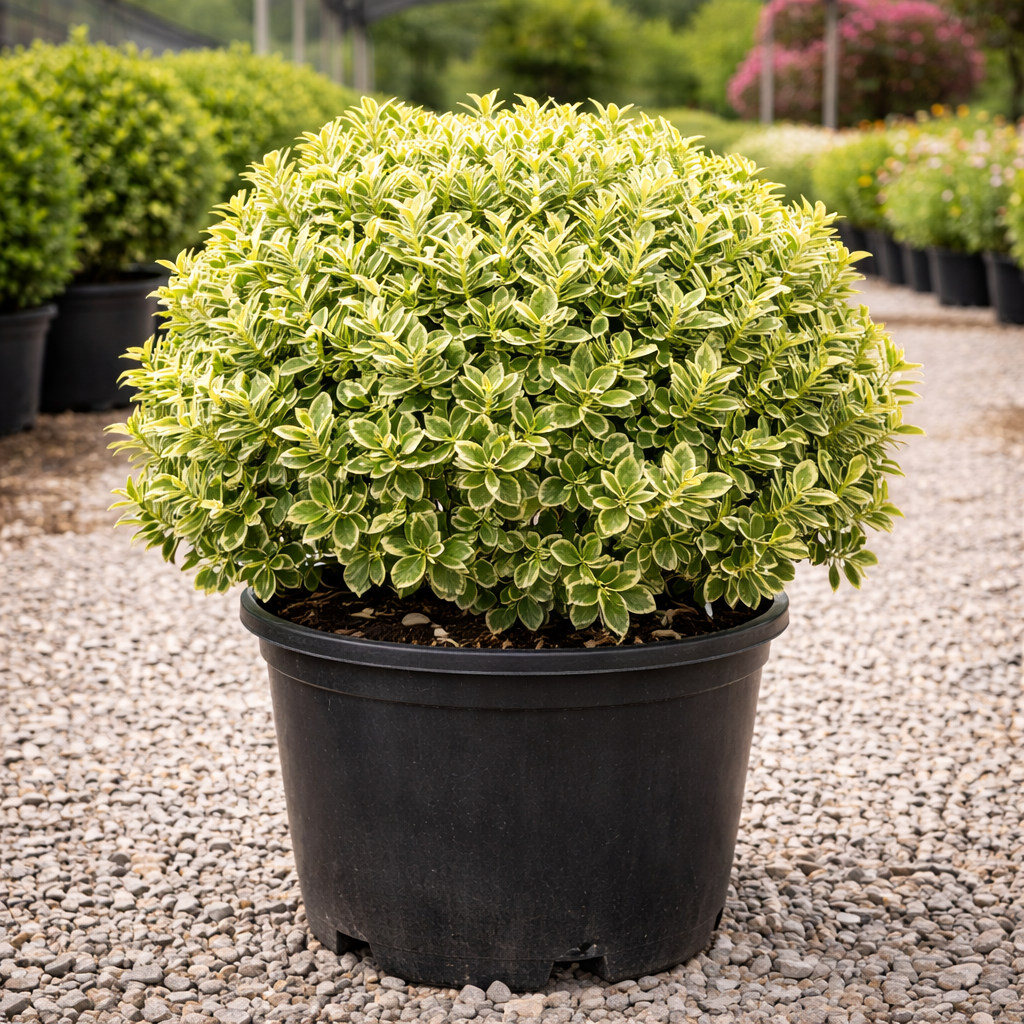 Variegated boxwood shrub in black grower's pot at a nursery