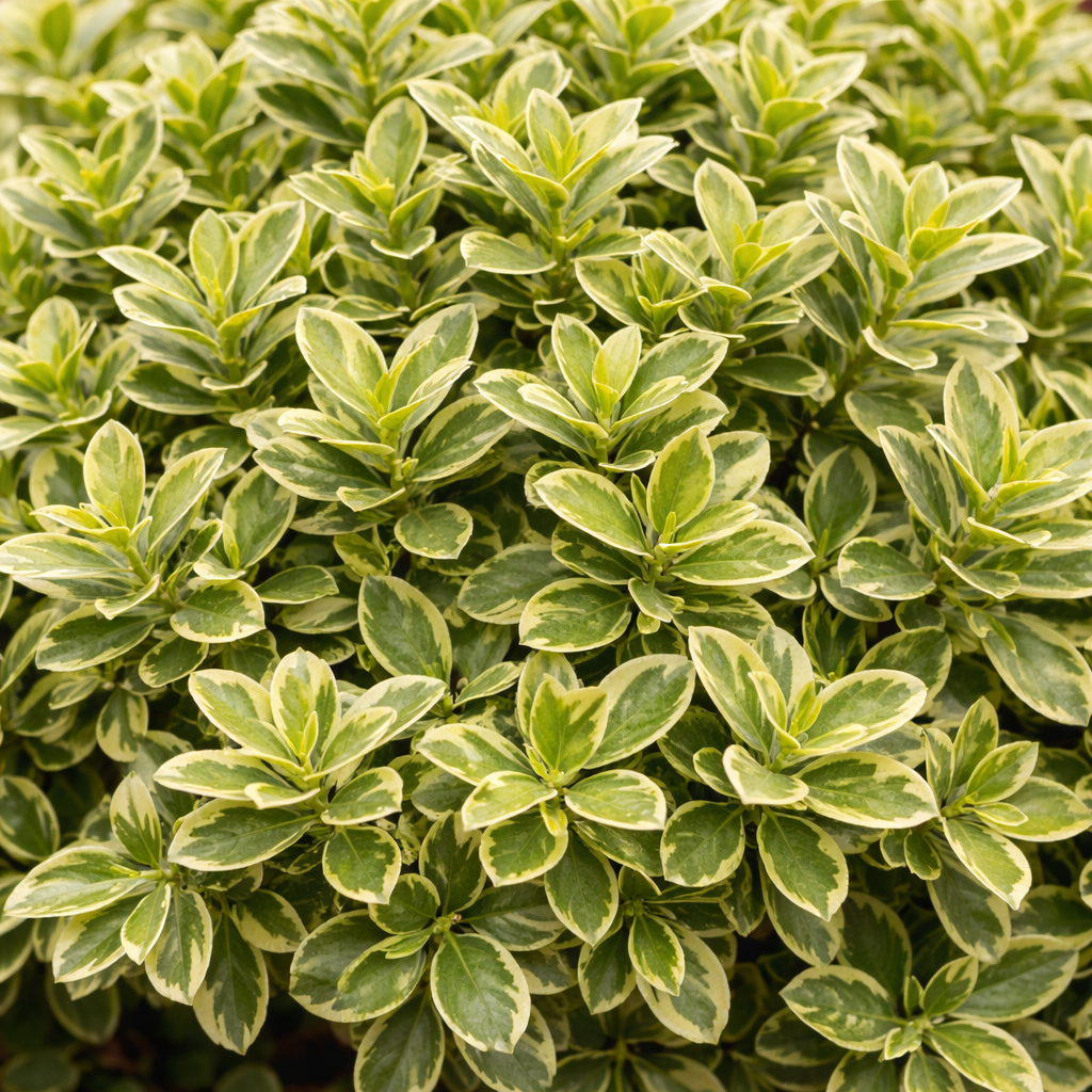 Variegated boxwood foliage is green with cream edges