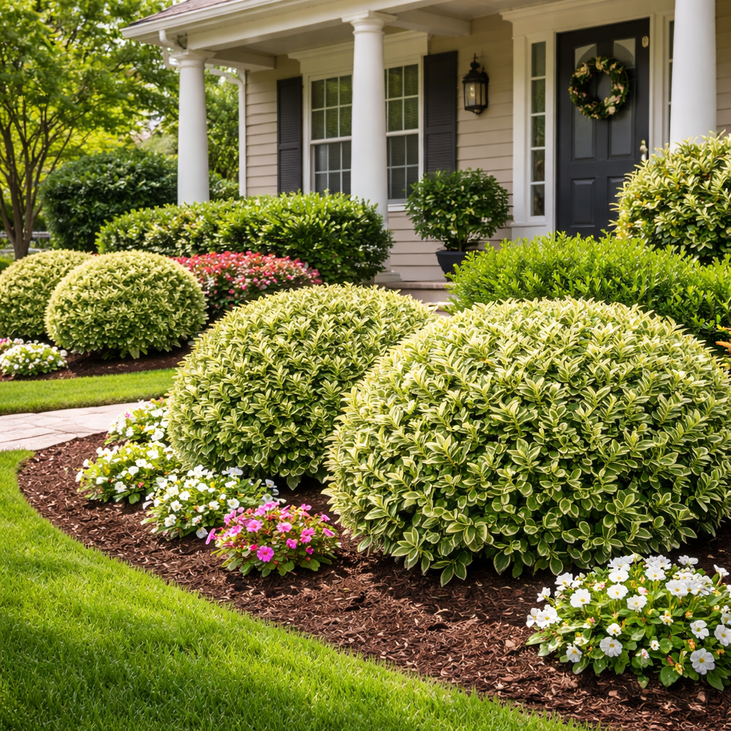 Variegated boxwood shrub in front of a house in landscaping with other flowers and mulch
