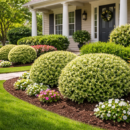 Variegated boxwood shrub in front of a house in landscaping with other flowers and mulch