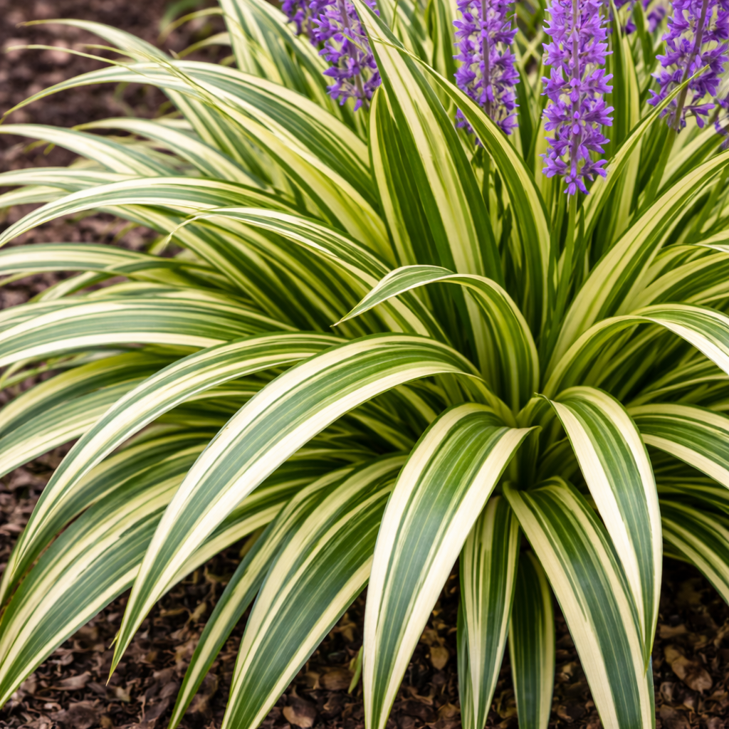 Variegated green and white leaves with purple flowers in the background
