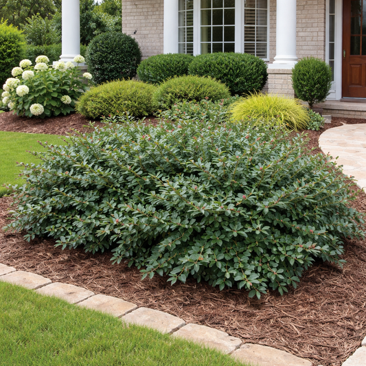 Lush green shrubs in a garden bed with a house in the background