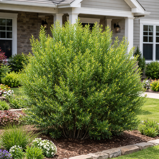 Large green bush in a garden setting with a house in the background