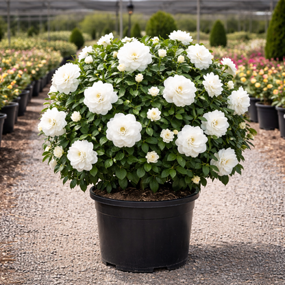 Potted plant with white flowers in a garden setting