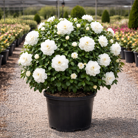 Potted plant with white flowers in a garden setting