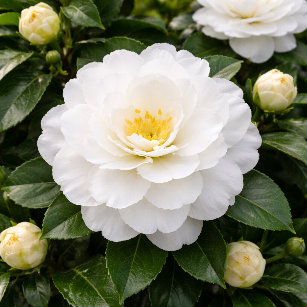 White flower with green leaves and buds in the background