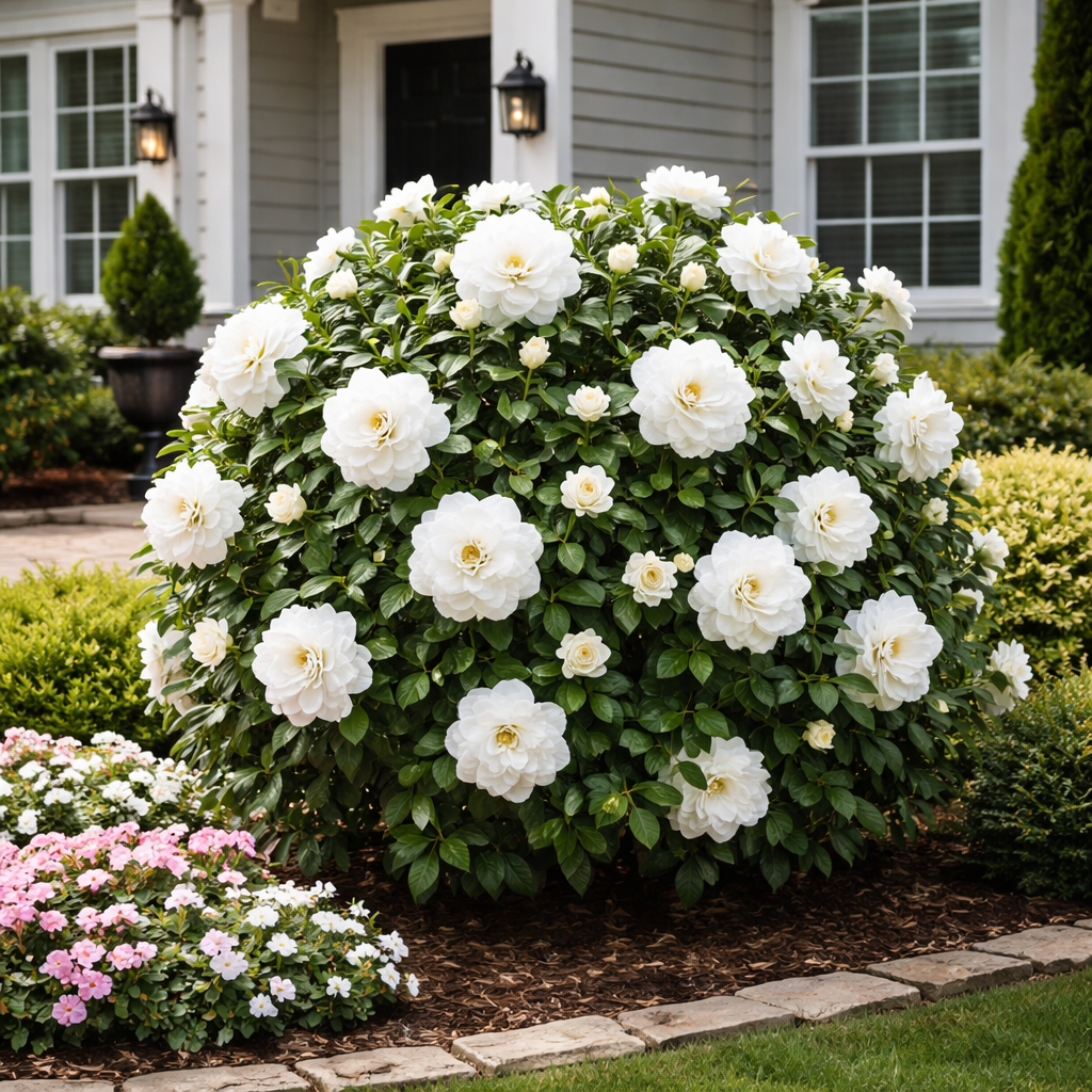 Large bush with white flowers in a garden setting