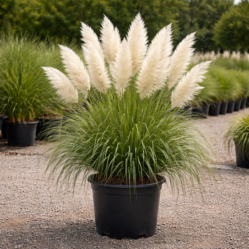 Potted ornamental grass with white plumes in a garden setting