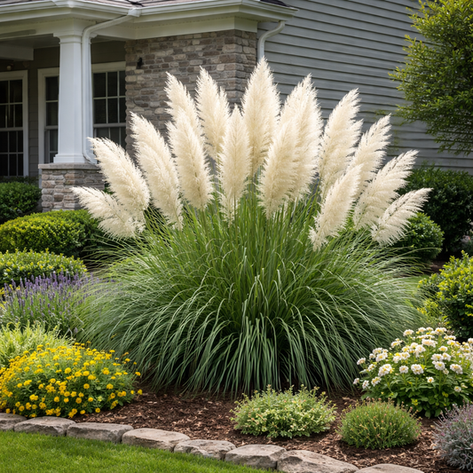 Pampas grass in a garden setting with a house in the background