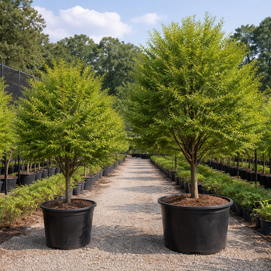 Row of potted trees in a nursery setting with clear skies.
