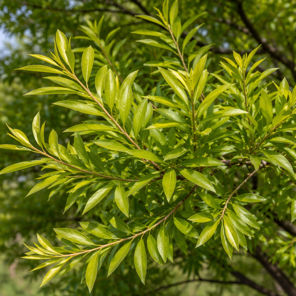 Close-up of green leaves on a tree branch with a blurred natural background