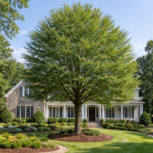 Large tree in front of a house with a well-maintained garden