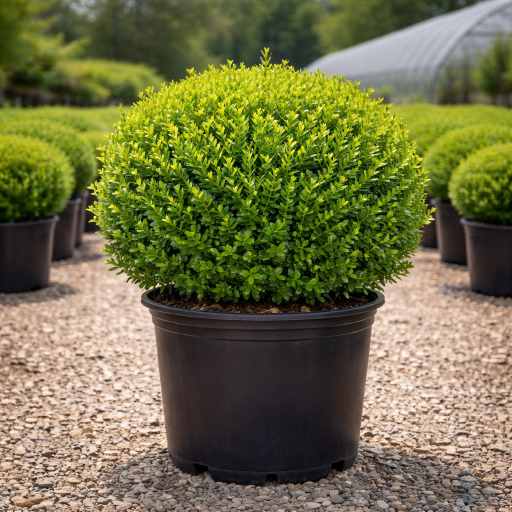 Potted shrub in a garden setting with other plants in the background