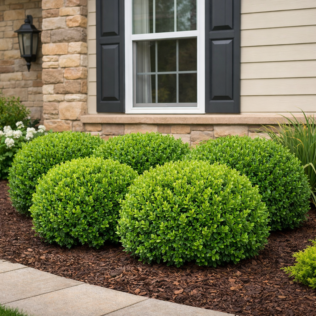 Green shrubs in front of a house with a window and black shutters.