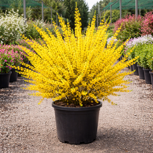 Potted yellow flowering plant in a garden setting with other plants in the background.
