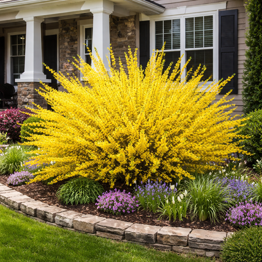 Yellow flowering bush in front of a house with stone columns and greenery.