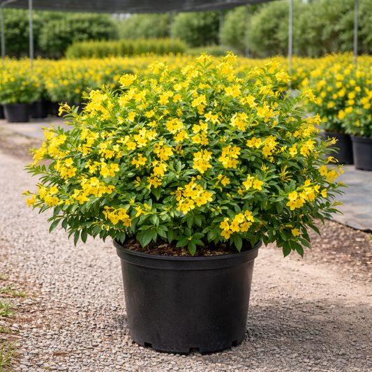 Potted plant with yellow flowers in a garden setting