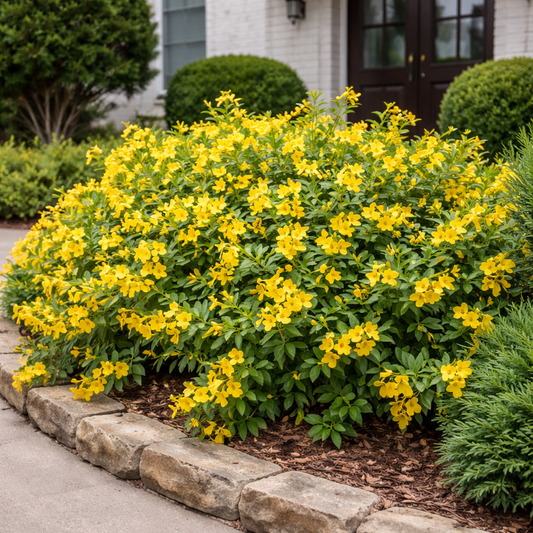 Yellow flowering bush in a garden bed with a house in the background