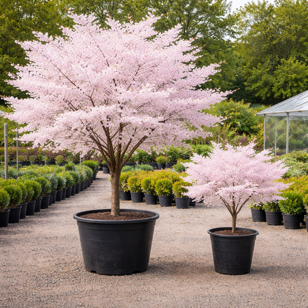 Potted cherry blossom trees in a garden setting with other plants and trees in the background.