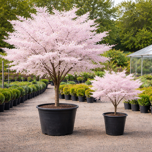 Potted cherry blossom trees in a garden setting with other plants and trees in the background.