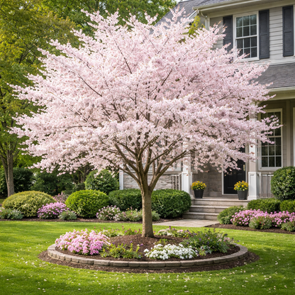 Flowering tree in a garden with a house in the background