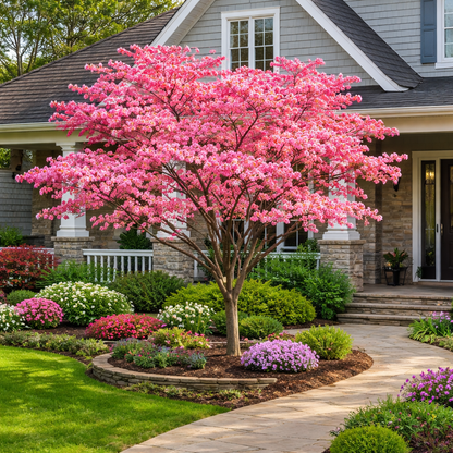 Pink flowering tree in a well-maintained garden with a house in the background